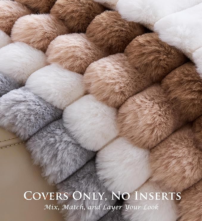 Pack of 2 Throw Pillow Covers 20x12 Decorative Solid Plush Faux Fur with Soft Velvet Back, Square Striped Cushion Cases Modern Farmhouse Home Decor for Living Room Couch Sofa Bed Neutral Gray