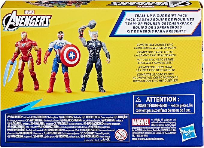 Marvel Avengers Epic Hero Series Team-Up Gift Pack, 4-Inch-Scale (10cm) Captain America, Thor, Iron Man Action Figures, Toys for Kids Ages 4 and Up (Amazon Exclusive)
