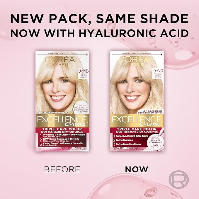 L'Oreal Paris Excellence Crème Permanent Hair Dye, Triple Care Hair Color with Hyaluronic Acid for 100% Gray Coverage, 9.5NB Lightest Natural Blonde, 1 Kit (Pack of 2) (Packaging May Vary)