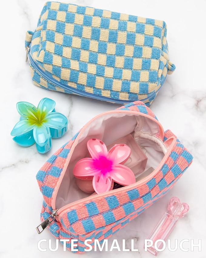 PAZIMIIK Checkered Makeup Bag for Purse Portable Zipper Make Up Pouch Small Cosmetic Case for Travel Red Blue