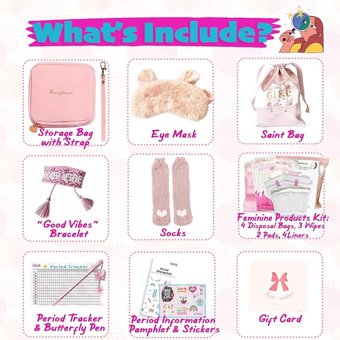 First Period kit for Girls | 23 PC Period Packs for Young Girls First Time | First Period Gift for Teen Girls with Sanitary Pad Storage Bag, Wipes, Bracelet, Eye Mask, Socks and More(Pink)