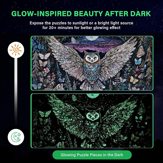 Glow-in-The-Dark Owl Puzzles for Adults 1000 Pieces, Difficult Challenging Unique Puzzle for Adults,6 Colors on Back Jigsaw Puzzles, Size 26.6x19.2