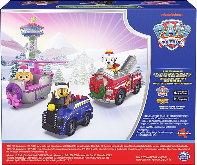 Paw Patrol Holiday Vehicle Bundle, Holiday-Themed Chase, Marshall & Skye Action Figures & Rescue Vehicles, Kids Toys for Boys & Girls Ages 3 & Up
