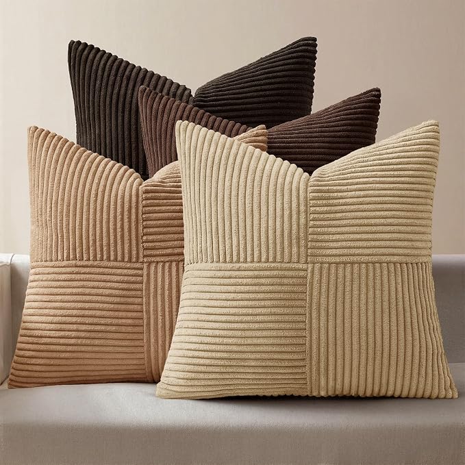 MIULEE Boho Decorative Throw Pillow Covers 20x20 Set of 4 Farmhouse Neutral Cushion Cases Gradient Corduroy Pillow Cases Modern Soft Corduroy Patchwork Home Decor for Couch Sofa Bedroom Dark Brown