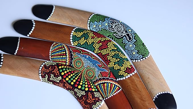 RaanPahMuang Thai Made Australian Aboriginal Art Decorative Boomerang, Dotted Dream - Orange Brown