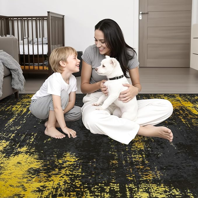 4x6 Area Rug Living Room Rug: Washable Modern Abstract Soft Thin Rug Indoor Floor No Slip Carpet for Bedroom Dining Room Farmhouse Nursery Home Office - Dark Black Gold