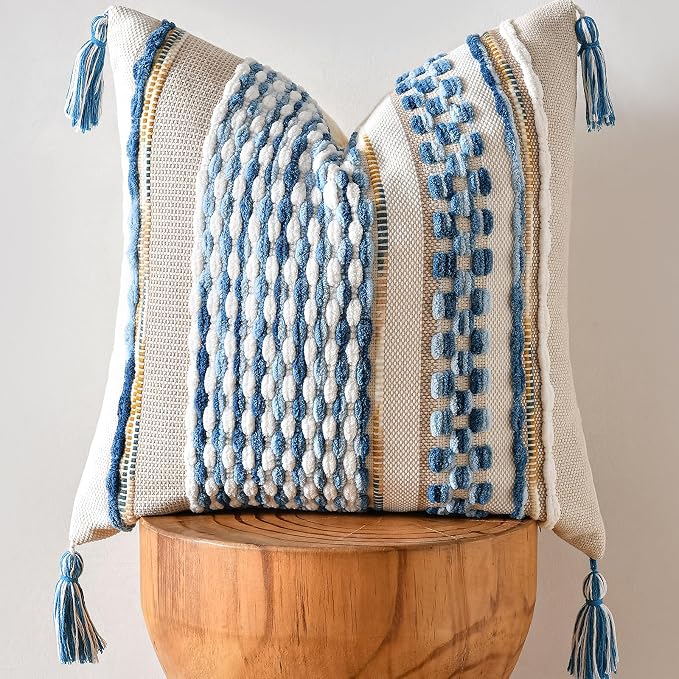Chenille Striped Textured Boho Throw Pillow Covers Aesthetic with Tassels Woven Decorative Pillow Case for Couch Bed Sofa Bedroom Modern Funky 18 x 18-Inch Sky Blue