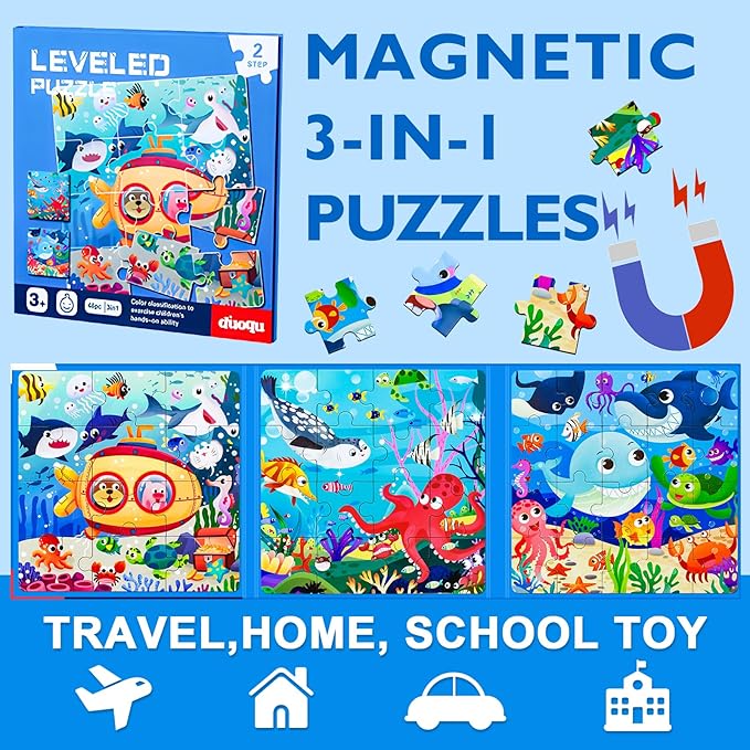 Magnetic Puzzles for Kids Ages 3-5, 3 in 1 Ocean World Toddlers Magnet Jigsaw Puzzle Book, Kids Travel Puzzles Toys, Preschool Learning Toy for Kids 3-8 Year (Ocean World)