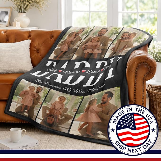 Fathers Day Birthday Gift for Dad Custom Blanket with 6 Photo & Text, Personalized Blankets with Picture to My Dad, HD Printing Customized Flannel Throw Blanket Gifts for Best Daddy Grandpa Ever