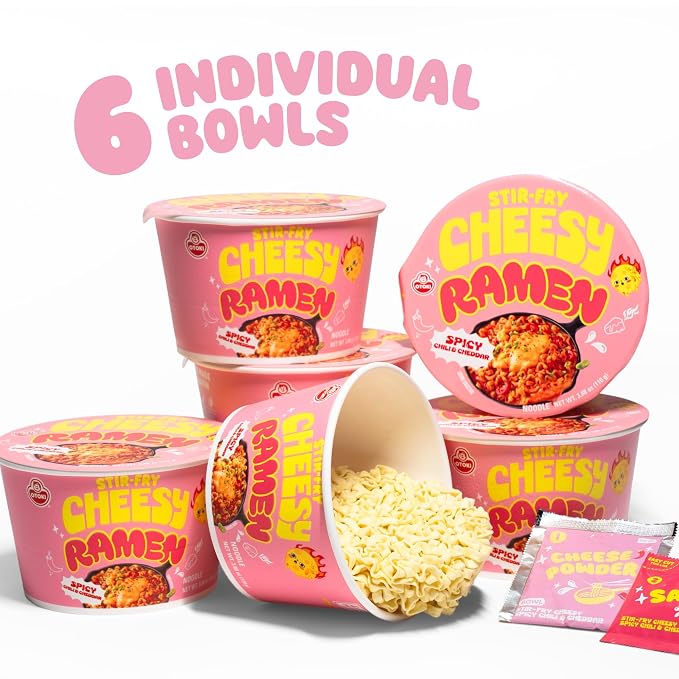 Otoki Spicy Cheesy Ramen Bowl, Mac & Cheese Meets Ramen, Spicy Chili Cheddar Flavor, Korean Instant Ramen Bowl, 3.88 oz Pack of 6