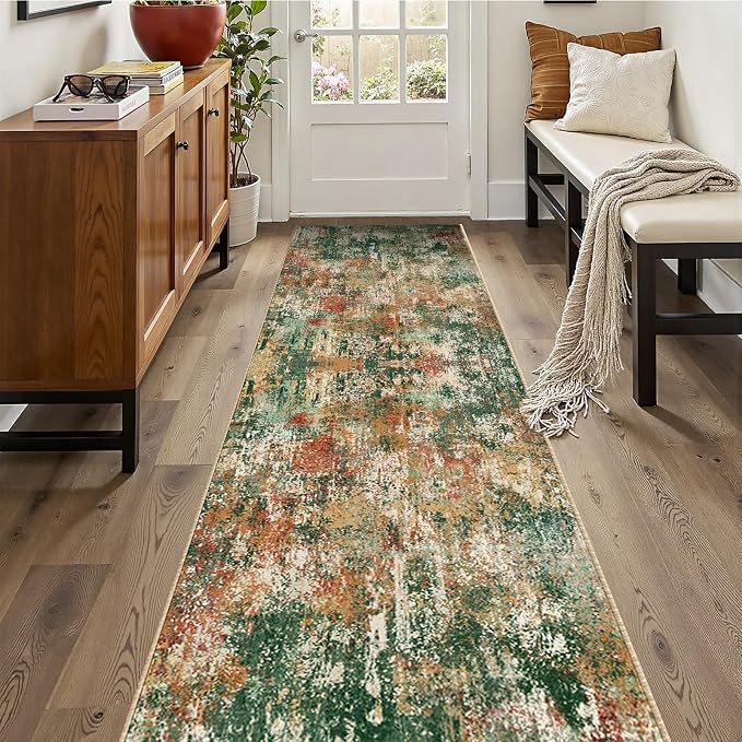 RELEANY Washable Runner 2'x10' Abstract Area Rug for Hallway Green Multi | carpet for kitchen, entryway, bathroom, living room, bedroom, printed pattern, non-slip, soft, stain-resistant, easy to clean