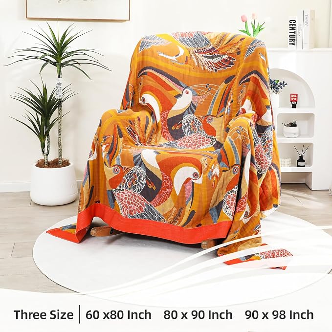 VANJOROY Boho Large Throw Blanket, 100% Organic Cotton Breathable Soft Bed Throw - Floral Bird Farmhouse Decor Blanket for Sofa Couch Chair Quilt and Gift. 91" x 98"- Colorful
