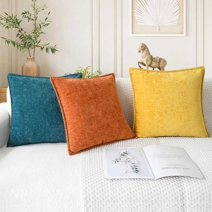 CaliTime Fall Decorative Throw Pillow Covers 22 X 22 Inches Burnt Orange | Pack of 2, Cozy Chenille Cushion Cases, Cotton Thread Stitching Edges, for Couch Sofa Bed Living Room Farmhouse
