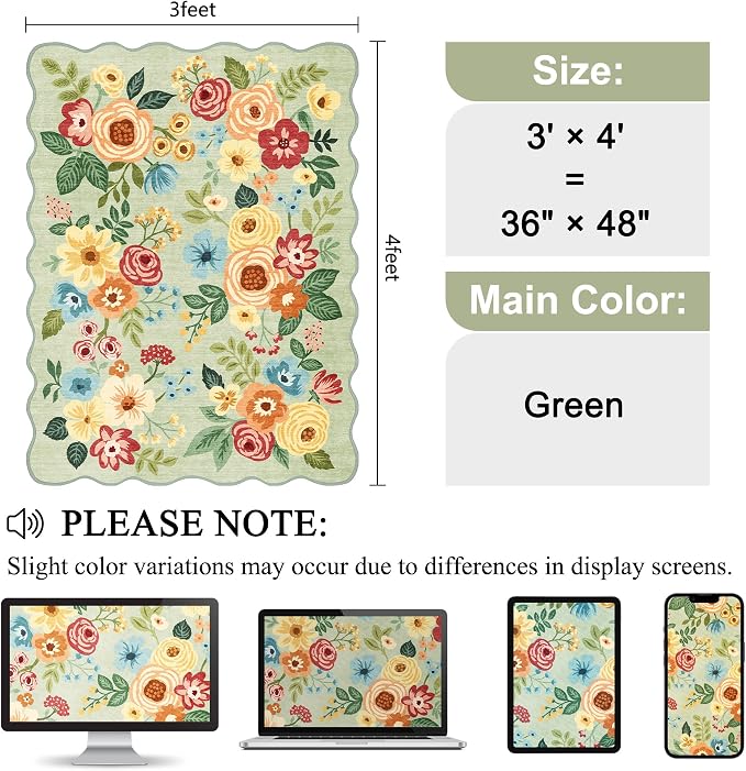 DUKINO 3x4 Rug, Non Slip Floral Washable Area Rug for Entryway, Green | Soft, Low Pile, Non-Shedding Indoor Throw Rugs for Kitchen, Hallway, Bedroom, Bathroom, Laundry, Pet Friendly, Home Decor