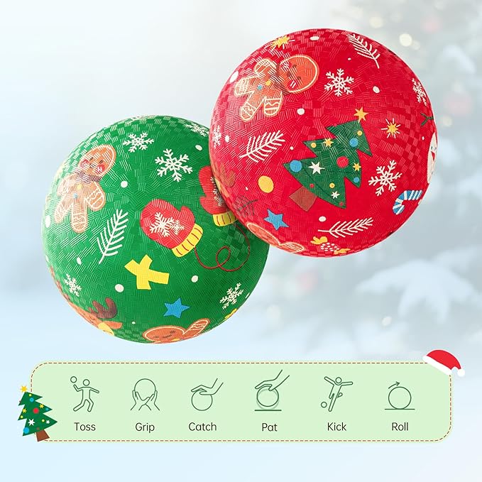 ZOOJOY Pack of 2 Cartoon Playground Balls,Christmas Balls for Toddler 3-12, 8.5" Rubber Ball Bouncy Kickball, Indoor & Outdoor Game Toys for Boys Girls with Pump
