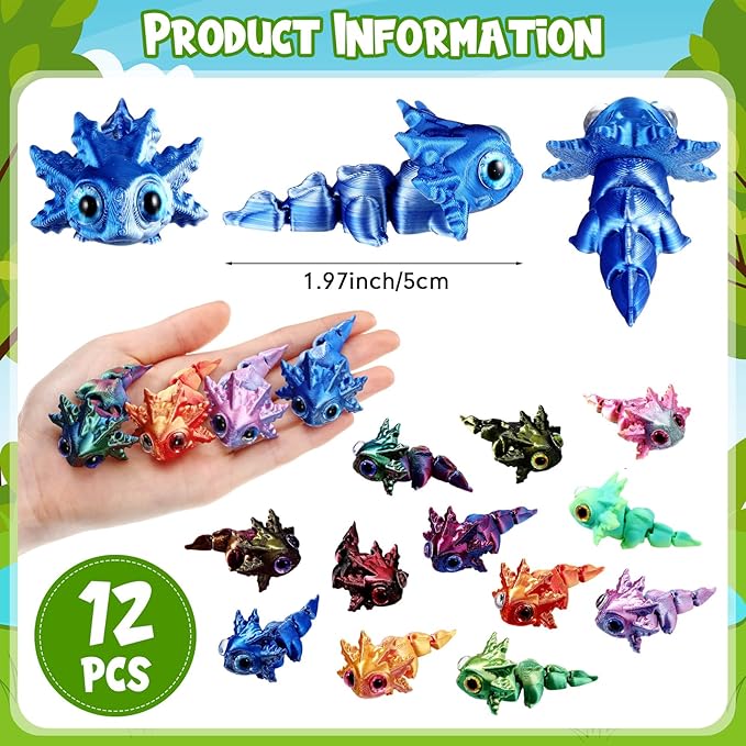 Honoson 12 Pcs 3D Printed Fidget Toy 3D Printed Baby Axolotl Small Animal Toy Flexible Cute Articulating Pet Stress Relief Fidget Toys for Play and Display(6cm)