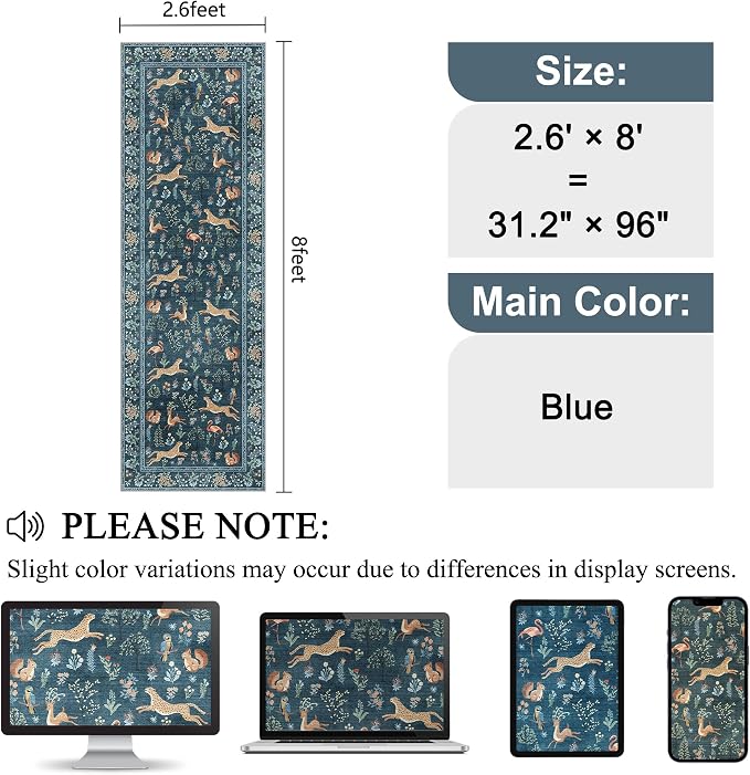 DUKINO 2.6x8 Rug for Hallway, Washable Kitchen Runner Rug Non Slip, Blue | Low Pile, Stain Resistant, Soft Animal Indoor Carpet Runner for Entryway, Bedroom, Bathroom, Laundry, Lightweight, Home Decor