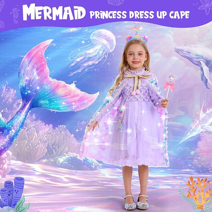 Mermaid Toys Princess Dress Up for Girls Princess Dress Up Cloak Gift Set for Little Girls 3-8 Years Old, Idea Gift for Birthday Christmas Halloween