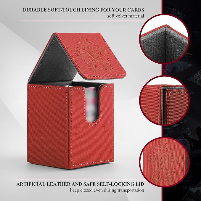 Card Deck Box for MTG Card Storage Box Holds 100 Plus Single Sleeved Cards, Microfiber Lining and Leather Card Box Compatible with Trading Card Games TCG, Yugioh Cards, etc. (Red)