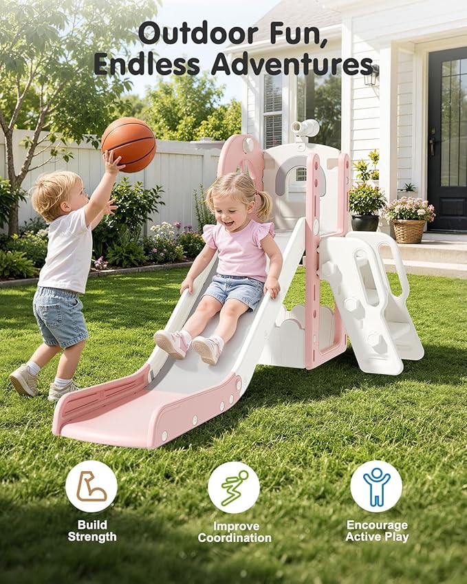 Babytronic Toddler Slide for Kids 1-3, 6-in-1 Toddler Slide Set with Basketball Hoop & Telescope, Indoor Outdoor Toddler Playset, Kids Climber Playset for Small Spaces, Indoor Playground, Pink