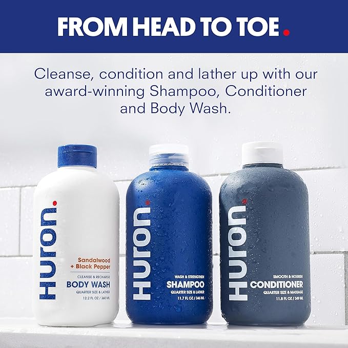 Huron Men’s Shower Kit – Shampoo, Conditioner & Body Wash with Sandalwood + Amber Scent, Hydrating, Phthalate-Free, non-toxic Ingredients for Hair & Skin Care, 12 fl oz (Pack of 3)