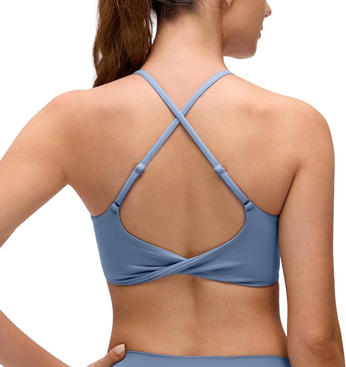 CRZ YOGA Butterluxe Twist Cross Back Sports Bras for Women - U Neck Padded Adjustable Spaghetti Straps Yoga Top