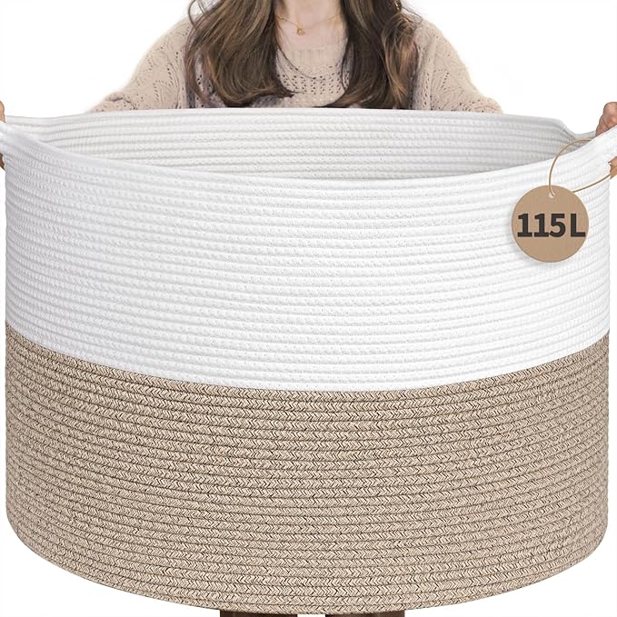 INDRESSME 115L Extra Large Woven Rope Blanket Basket Living Room LightBrown | 23.6" x 15.7" Storage baskets for toys laundry & pillows. Fits living room, bedroom or nursery décor. Soft-touch with handles