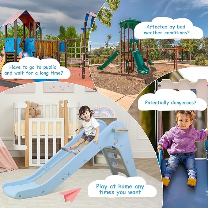 Arlopu Freestanding Kids Slide, Toddler Slide Climber with Basketball Hoop & Ball, Baby Playset w/Long Slope, for Boys and Girls Birthday, Sturdy Playground Toy for Indoor Outdoor Age 3+ (Sky Blue)