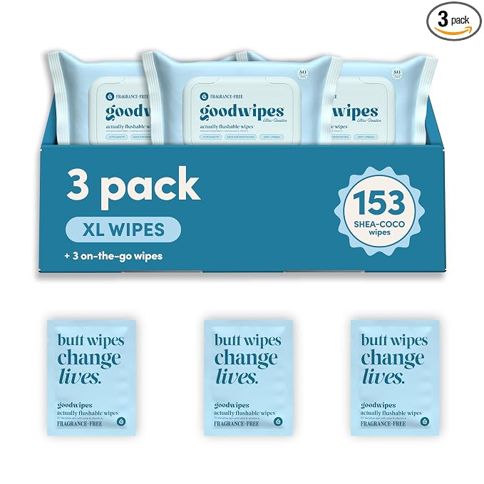 goodwipes Flushable Wipes - Unscented Butt Wipes for Adults, Septic Safe, Guest Bathroom Essentials for Women & Men, pH Balanced for Sensitive Skin - Fragrance-Free, 153 Count (3 Packs and 3 Singles)