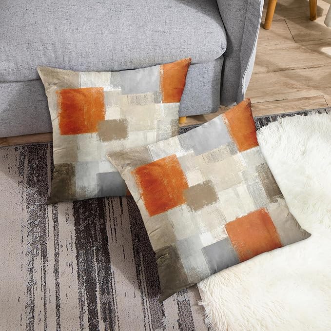 Emvency Throw Pillow Covers Set of 2, 16 x 16 Inch, Orange Beige and Grey | Modern Abstract Painting Outdoor Decorative Square Pillow Cases Couch Cushion Case for Couch Bed Sofa Living Room Home Decor