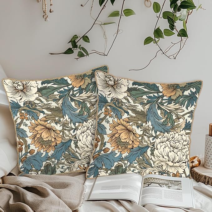 KSLIDS Vintage Flowers Soft Velvet Throw Pillow Covers Set of 2 Floral Plant Leaves Decorative Pillow Covers 20x20 Inch Yellow White Flowers Pillow Case for Sofa Couch Bedroom Farmhouse Home Decor