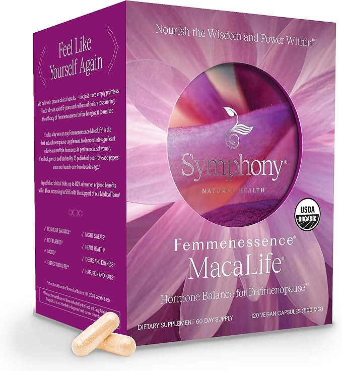 Femmenessence MacaLife – Clinically Proven Perimenopause Supplement for Women – Natural Hormone Balance, Mood, Hot Flashes & Night Sweats Relief – 120 Organic Vegan Capsules (60 Day Supply)