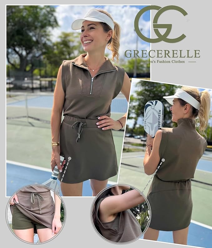 GRECERELLE Women's 2026 Summer 2 Piece Skort Sets Cap Sleeve Zip Collared Top Matching Tennis Skirt with Pockets for Athletic