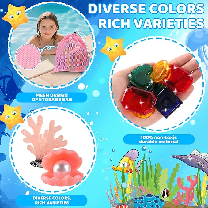 AMZFAVOR Diving Pool Toys for Kids Ages 4-12, 27 Pcs Mermaid Pool Toys with Gem Pirate Treasure and Chestand Storage Bag, Swimming Training Game Toy Summer Beach Party Gifts for Boys Girls Toddlers