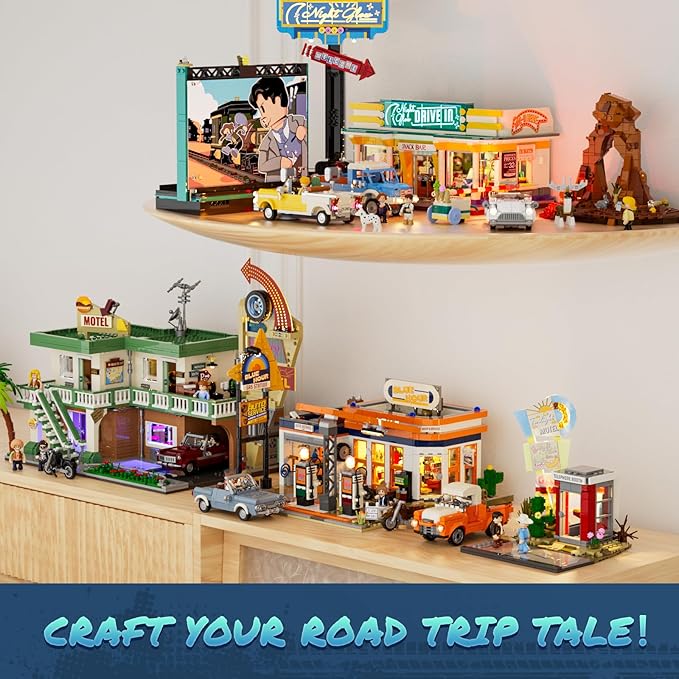 City Sunset-Stopover Lighting-Building-Bricks Set - Road Trip Car Station Modular Collection LED Light Building Set 455 Pcs for Adults, Teen and Travelling Enthusiasts