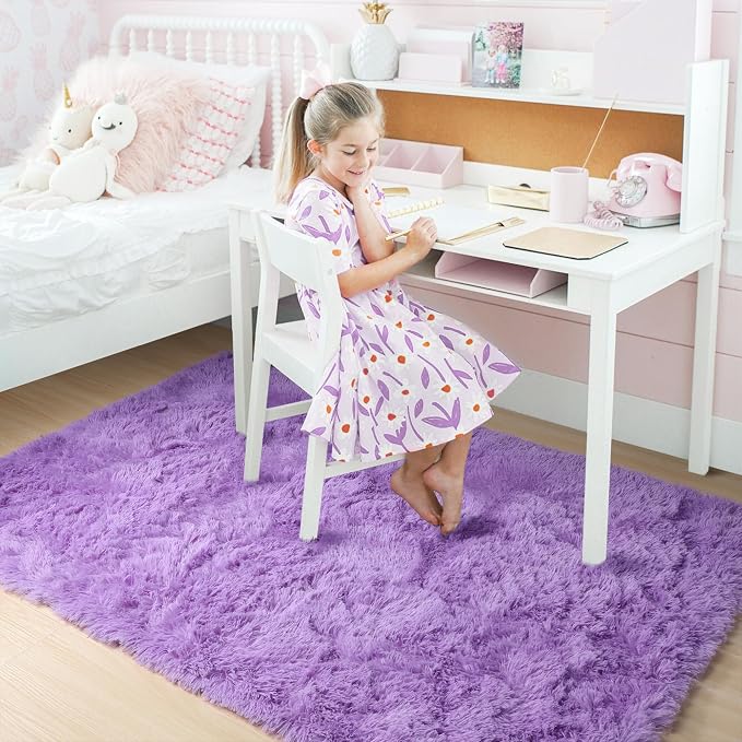 Purple Area Rugs for Girls Bedroom,5x8 Rug,Fluffy Shag Rug for Living Room,Thick Furry Rugs for Kids Room,Shaggy Throw Rug for Nursery,Playroom,Kawaii Fuzzy Plush Carpet,Cute Room Decor for Baby