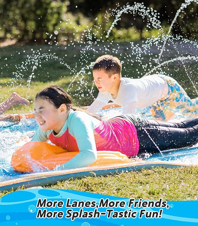 Spring Water Slip and Water Slide for Kids Backyard, 17ft*3 Racing Lanes Slip Water Slides with Sprinkler for Age 5-8 8-12, Summer Outdoor Water Toy with 3 Inflatable Bodyboards