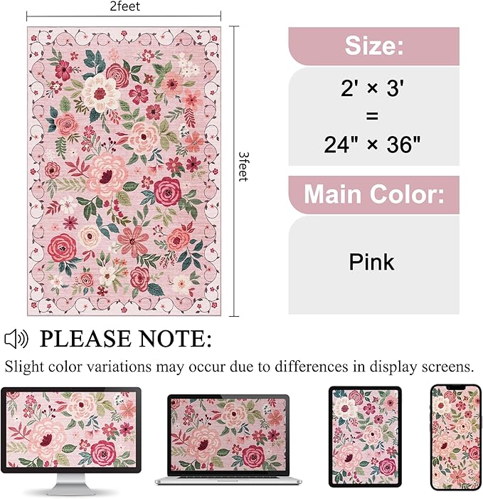 DUKINO 2x3 Entryway Rug, Floral Door Mat Soft Washable Rug Non Slip, Pink | Low Pile, Non-Shedding Small Rug for Kitchen, Entrance, Bedroom, Bathroom, Pet Friendly, Stain Resistant, Modern Home Decor