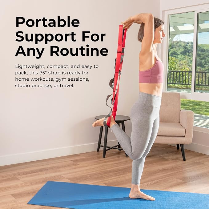 Sunny Health & Fitness Premium Yoga Stretch Strap with 8 Individual Grip Loops - 75" x 1.5" Durable Polyester Stretching Strap for Flexibility, Physical Therapy, Pilates, and Full Body Workouts