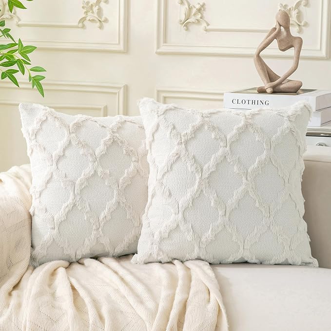 Set of 2 Soft Moroccan Throw Pillow Covers 16x16 Inch Plush Boho Decorative Pillow Cover Accent Cushion Case for Couch Sofa Bed, Cream White
