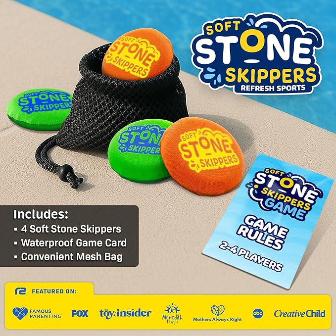 Soft Stone Skippers Game – Fun Pool Toys for Kids All Ages - 4 Pack Water Skipping Discs Set – Best Beach Games Gifts for Boys & Girls Ages 5 6 7 8 9 10 11 + Year Old - Water Bouncing Skip Ball Toy