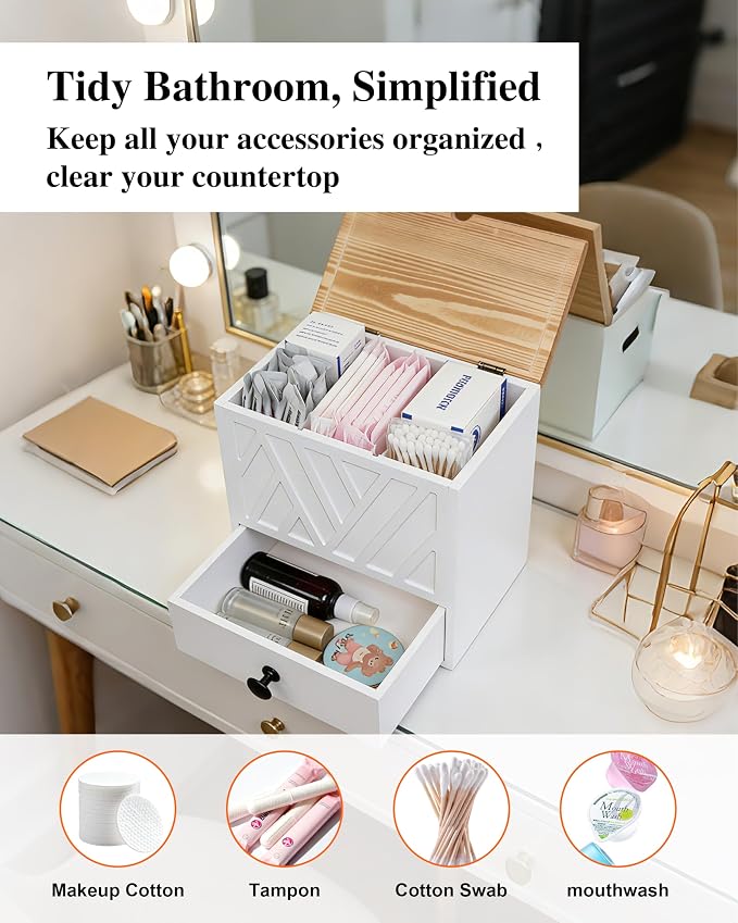 Tampon Holder for Bathroom Decor Feminine Product Organizer With Lid & Drawer Shark Week Box Girl Stuff (1, WHITE)