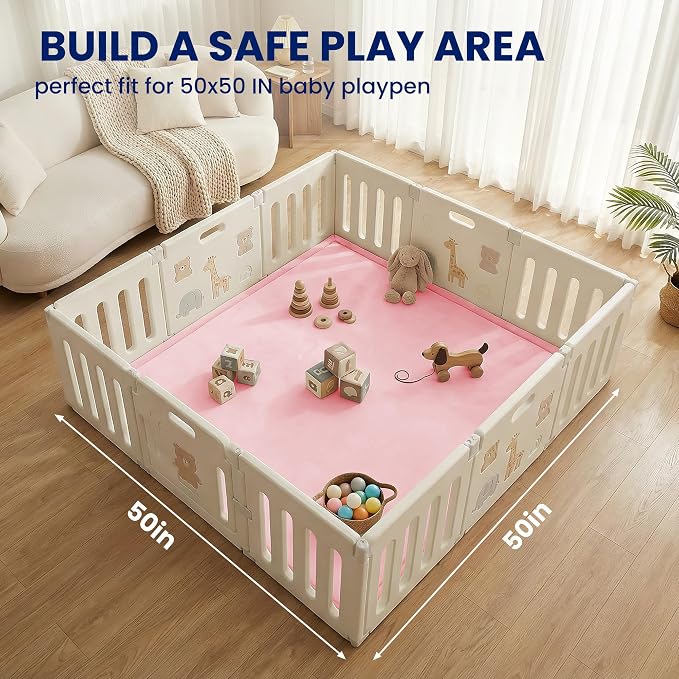 Huloo Sleep Baby Play Mat for Floor,1.3" Thick Elasti-Foam 50x50 Playpen Mat for Toddlers Infant Kids,Water-Repellent Soft Coral Velvet Tummy Time Mats,Non Slip Crawling Mats,Tatami Style(Pink)
