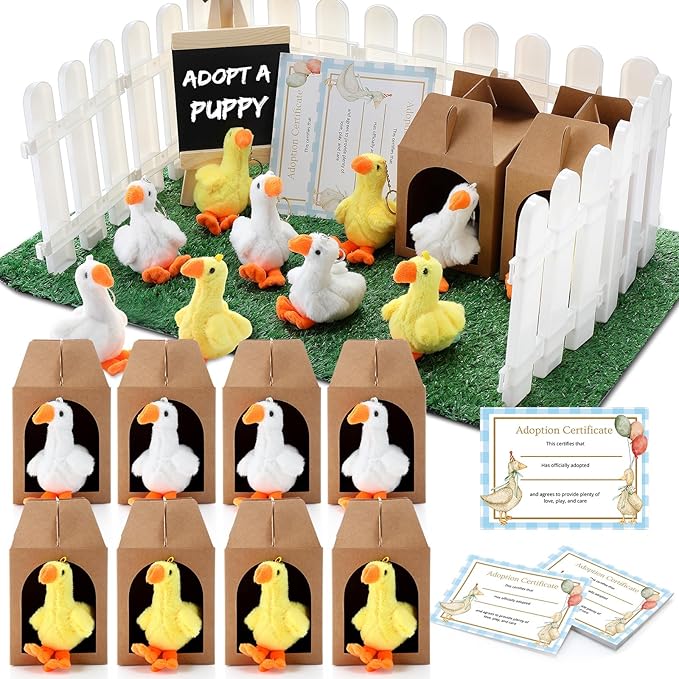 84 Pcs Adopt a Pet Party Favors 24 Mini Plush Stuffed Animals 10 White Plastic Fence 24 Paper Gift Boxes 24 Adoption Cards with Mini Chalkboard and Artificial Lawn(Goose)