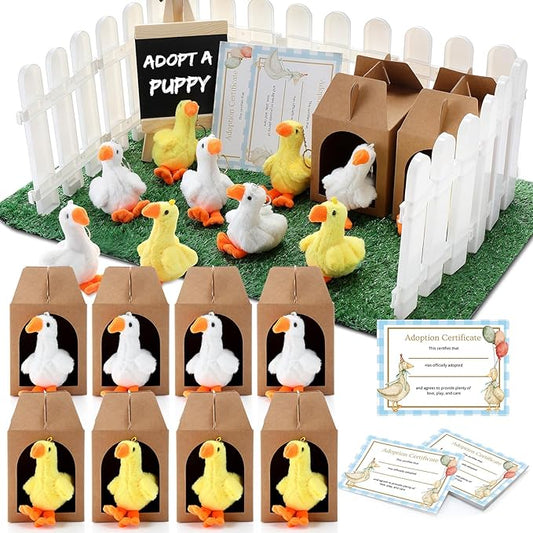 84 Pcs Adopt a Pet Party Favors 24 Mini Plush Stuffed Animals 10 White Plastic Fence 24 Paper Gift Boxes 24 Adoption Cards with Mini Chalkboard and Artificial Lawn(Goose)