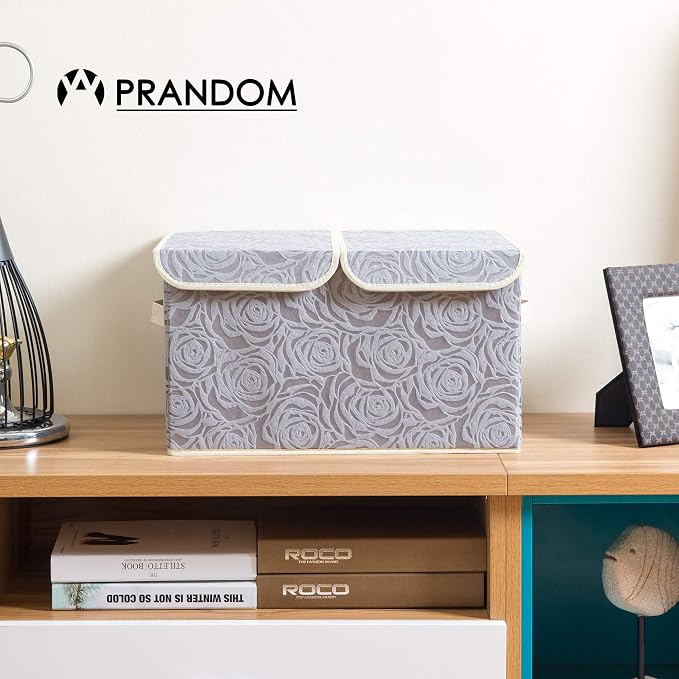 Large Foldable Storage Bins with Lids Fabric Decorative Storage Box Cubes Organizer Containers Baskets with Cover Handles Removable Divider for Home Bedroom Closet 17.3x11.8x9.8 Inch 3 Pack