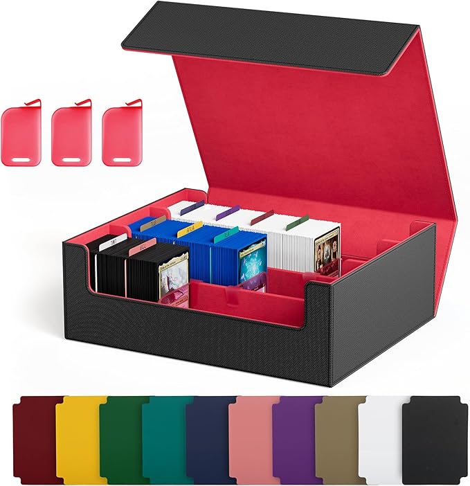 UAONO Trading Card Storage Box, Holds 1800 Sleeved Cards with 10 Dividers & 3 Stoppers, Magnetic Closure PU Leather Card Case for MTG, PTCG, YGO, Sports Cards (Black&red)