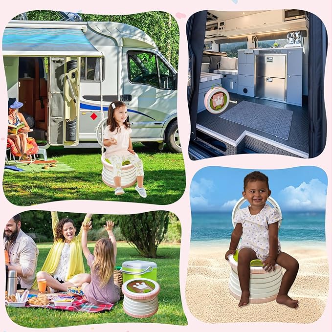 2025 Upgraded Portable Potty Training, Foldable Toilet,Travel Potty for Toddler, Apply to Seat Emergency Toilet for Camping, Outdoor, Car, Indoor, Including 3 rolls of garbage bags (White-Pink)