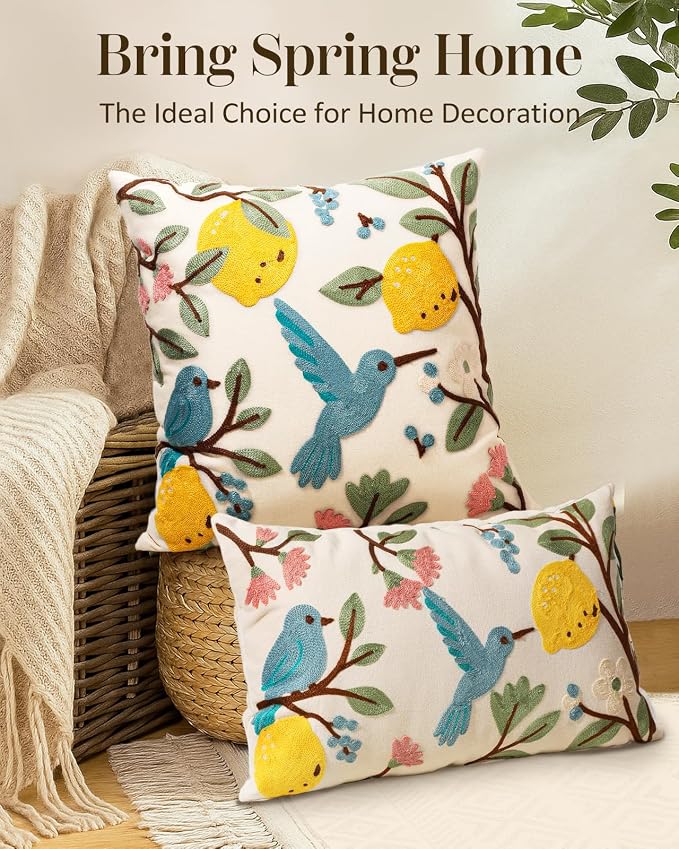 Embroidered Throw Pillow Cover 20x20 Inch, Bird Lemon | Decorative Pillow Cover, Farmhouse Cushion Case with Hidden Zipper, Cottagecore Decor for Couch, Sofa, Living Room, Bedroom