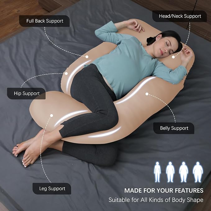 MOON PARK Pregnancy Pillows for Sleeping - U Shaped Full Body Maternity Pillow with Removable Cover - Support for Back, Legs, Belly, HIPS - 65 Inch - Brown - Cooling Cover
